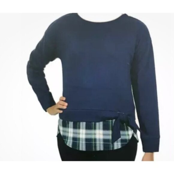 Izod Women's Navy Plaid Accent Sweater With Bow Detail Size M Cotton Blend Comfy - Picture 3 of 16